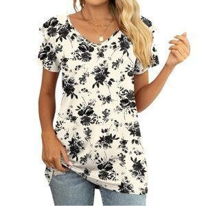 Shirt Womens 2XL Black White Floral Top Blouse Casual Ruffle Short Sleeves B1